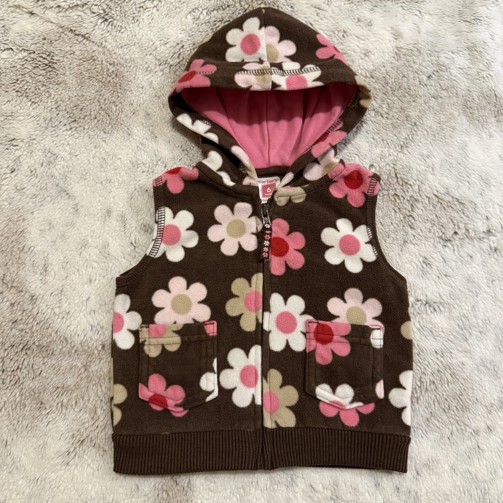 Vintage Carters Pink And Brown Flower Fleece Baby Vest Size 6 Months